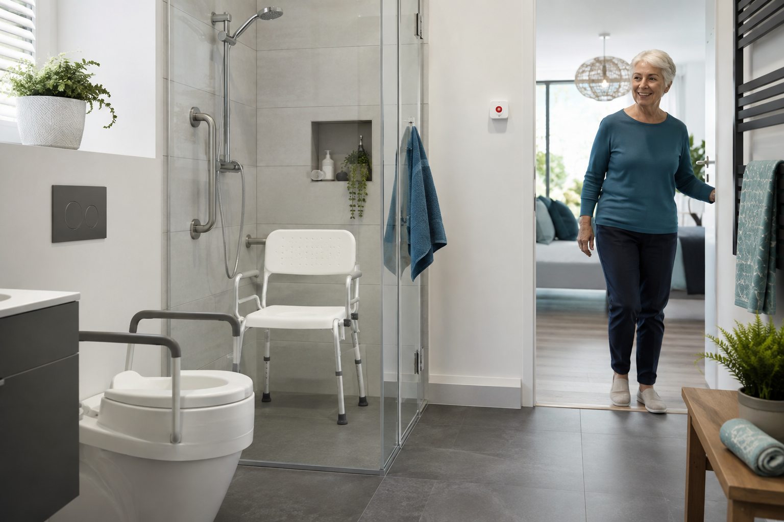 Sicher gestaltetes Badezimmer mit Dusch- und Toilettenhilfen