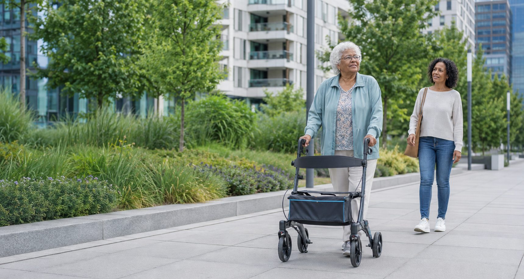 Ältere Frau ist sicher mit einem Rollator unterwegs